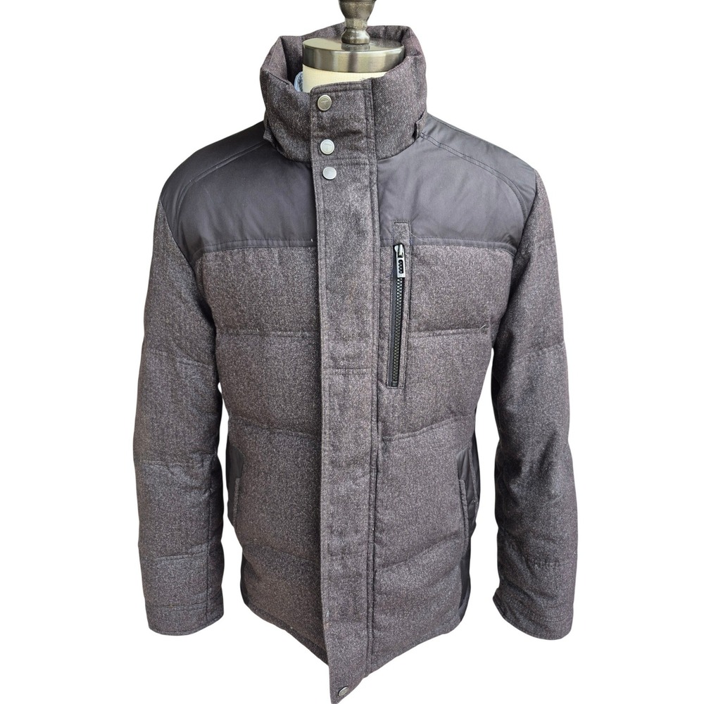 Tumi T-Tech Mens Grey Brown Herringbone Puffer Down Jacket Coat Wool Blend Sz M